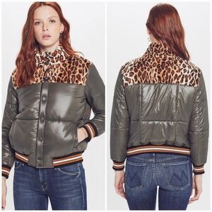 Mother The Puff-fur Snap Jacket Olive and Faux Fur Leopard Print Size Medium